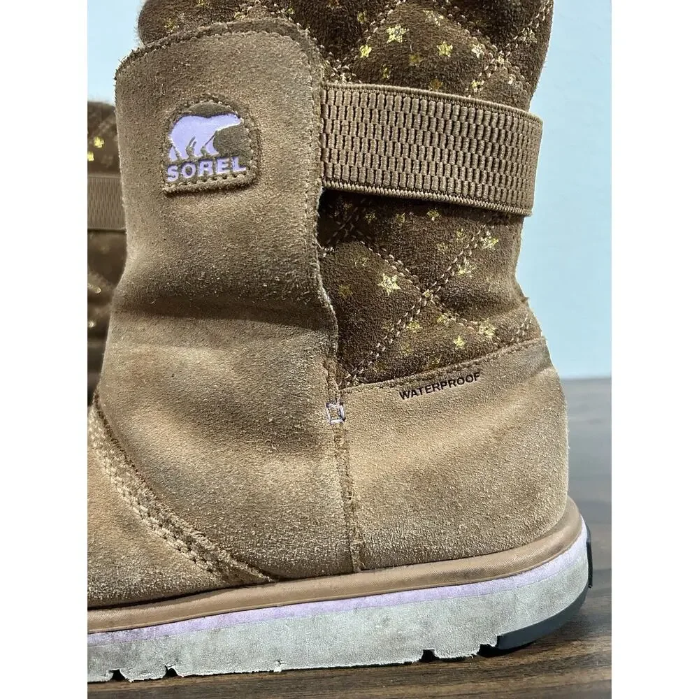 Sorel Rylee Boots Girls Sz 3‎ Waterproof Winter Suede Fleece Slip-on Brown Gold